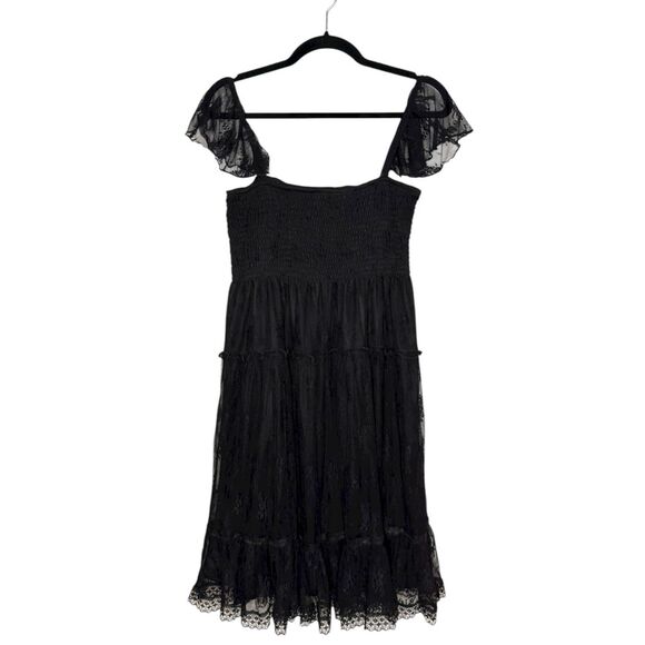 Lapis Women’s Large Smocked Midi Dress Black Lace Elegant Whimsigoth Witchy - Picture 1 of 7